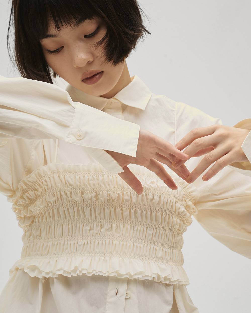 Shirring Bustier Layered Shirts Shirring Bustier Layered Shirts,シャーリングビスチェレイヤードシャツ,12610403,シャーリング,ビステェ,レイヤードシャツ,シャーリングシャツ,シャツ,todayful,トゥデイフル,lifes,吉田怜香,26ss